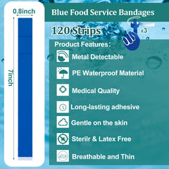 Geiserailie blue detectable bandage woven fingertip closeup showing flexible wear.