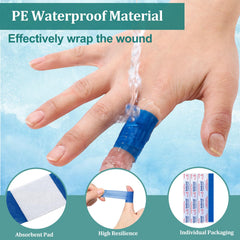 Geiserailie blue fabric bandage with nonstick pad highlighting painless removal.