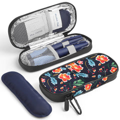 Gelozid insulin cooler travel case in red flower design keeps meds cool during trips.