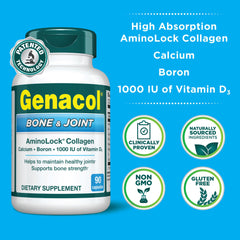 Genacol Bone and Joint label detail emphasizes D3 and calcium for bone maintenance.