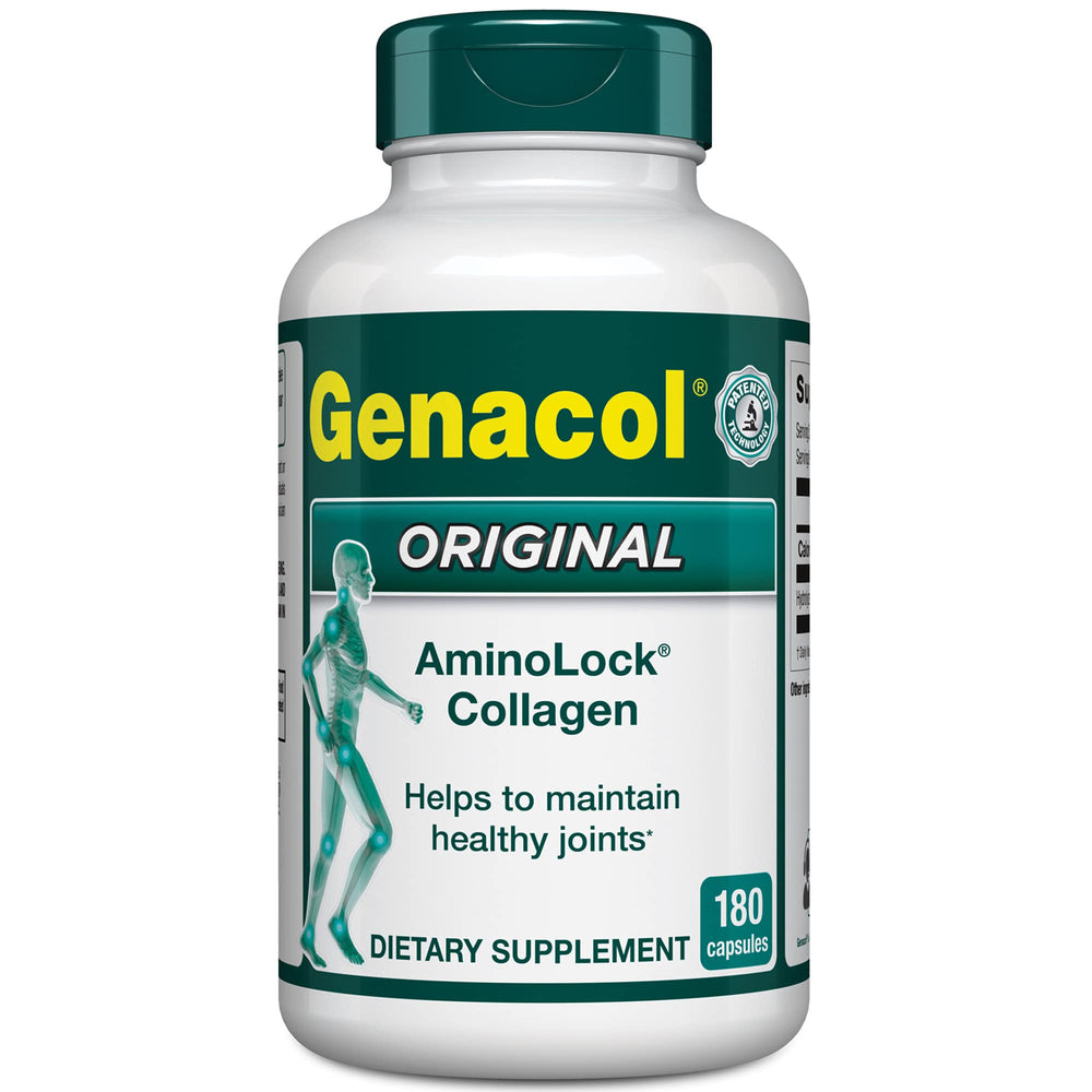 Genacol original collagen bottle with 180 capsules for daily joint support.