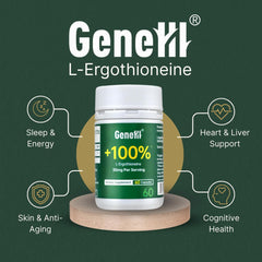 GeneIII EGT capsules close-up highlighting 30 mg per serving for antioxidant support.