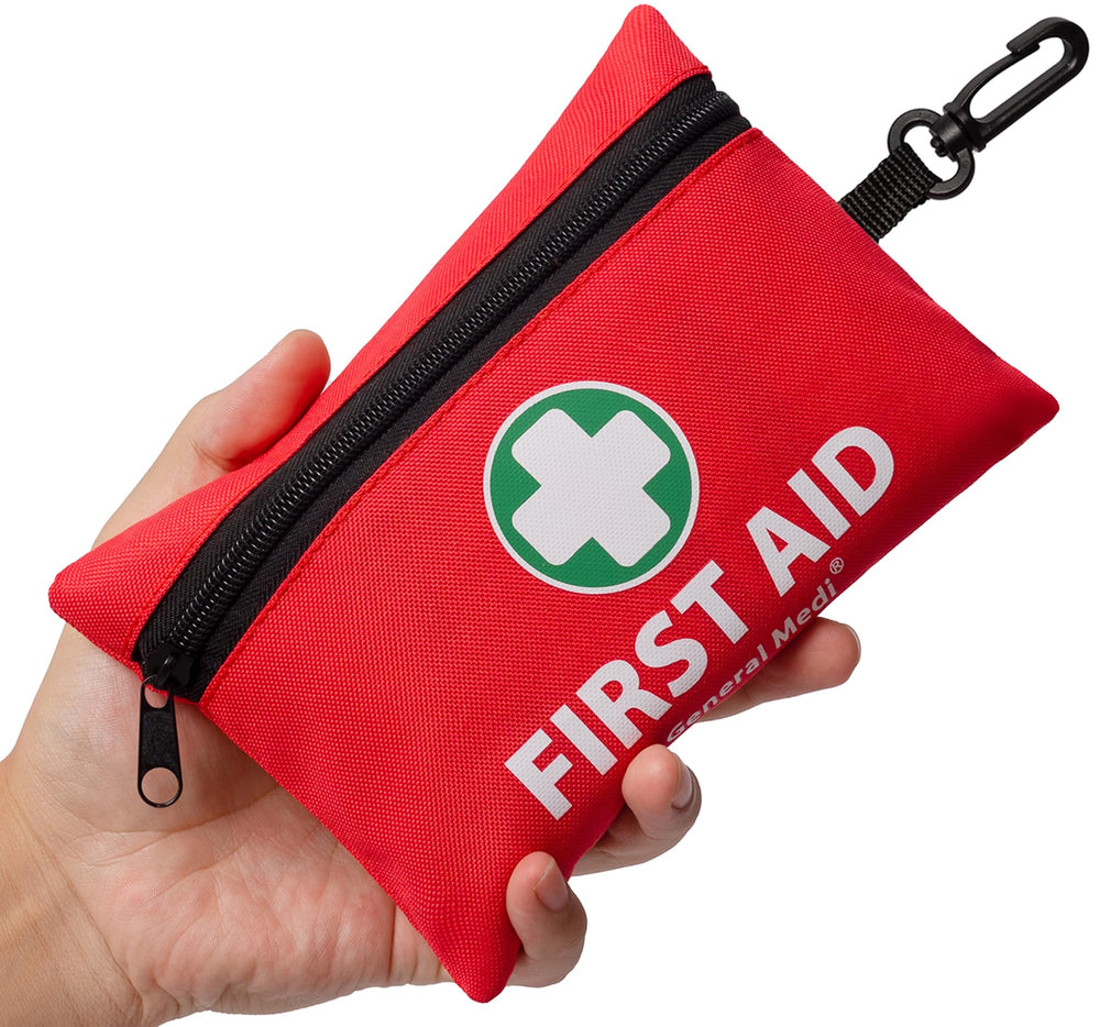 General Medi Mini First Aid Kit with 110 pieces showing comprehensive contents for quick care.