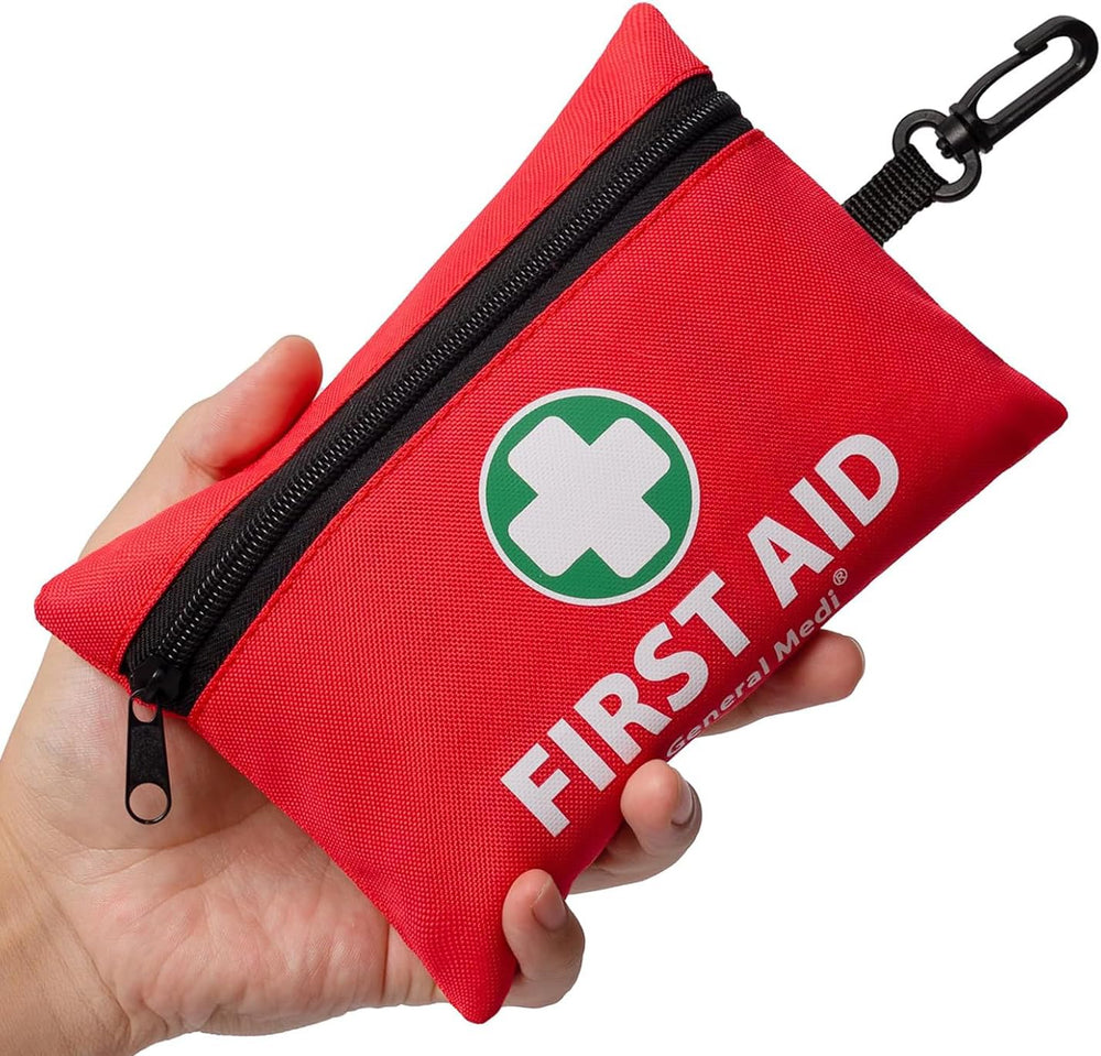 General Medi mini first aid kit cover in red; portable for travel and quick access.