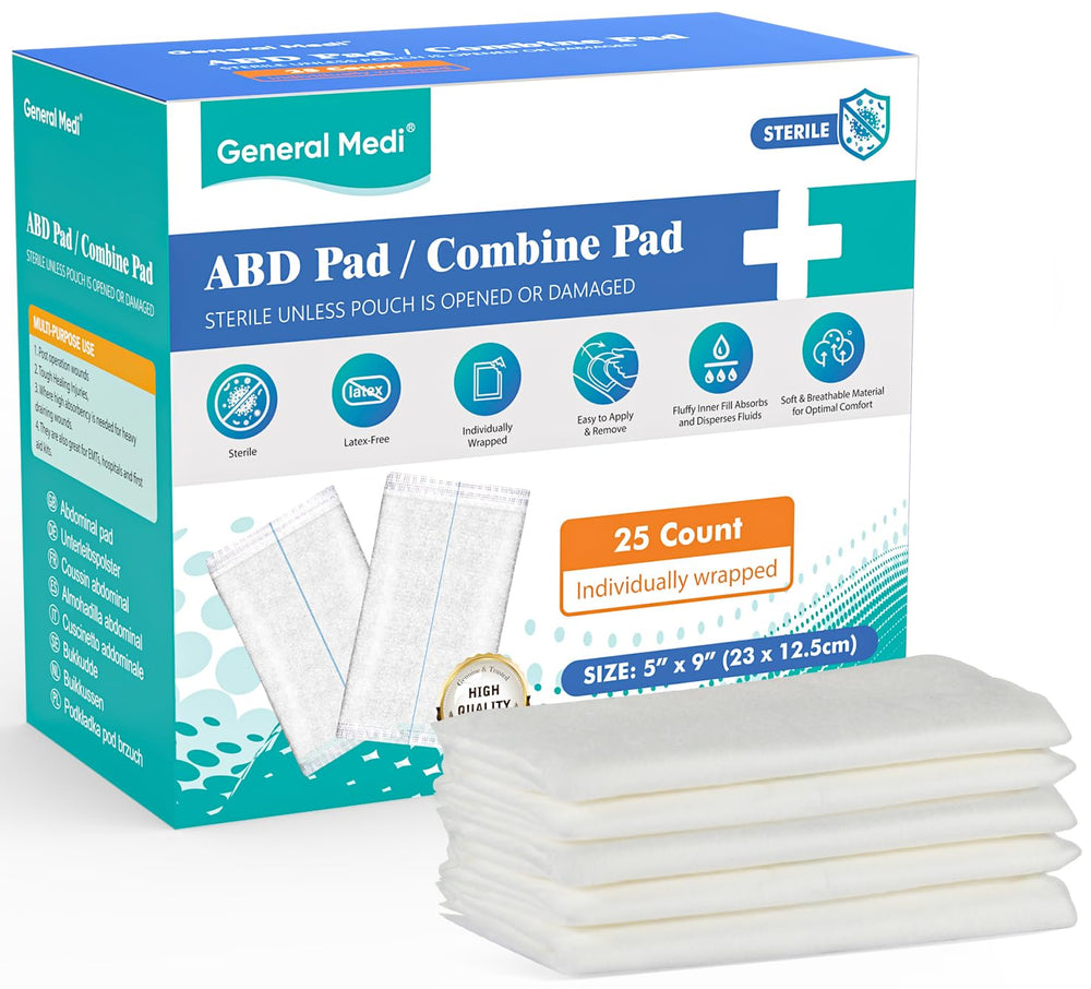 General Medi sterile abdominal combine pad box for ready-to-use wound care supplies.