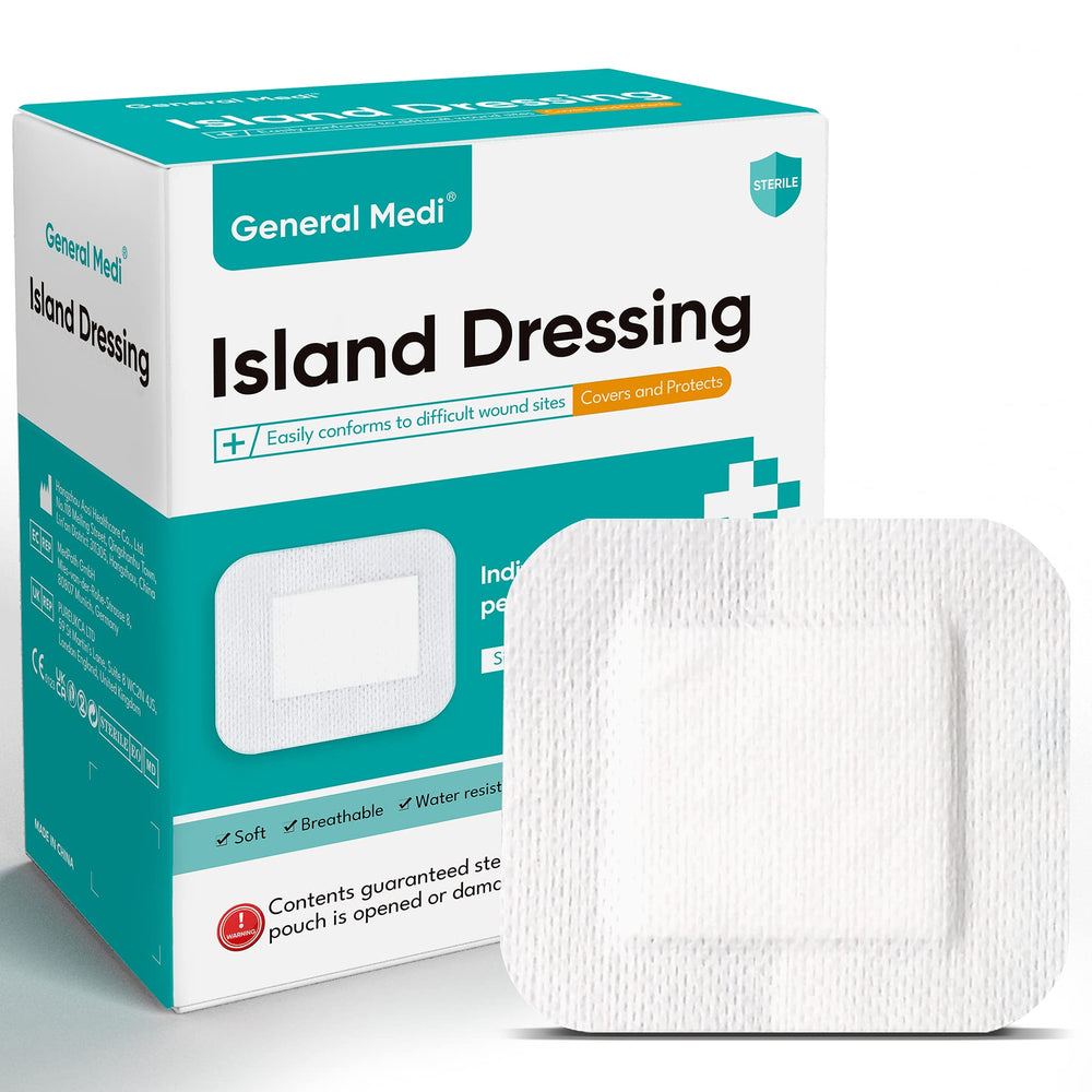 General Medi sterile island dressing with border pads provides 4x4 inch wound coverage.