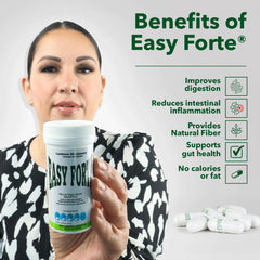 Closeup of Easy Forte capsules highlighting natural fiber blend for regularity