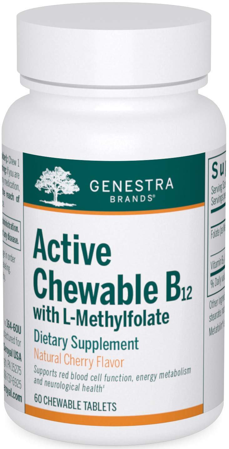 Genestra Brands Active B12 with L-Methylfolate bottle close-up may support energy and daily vitality.