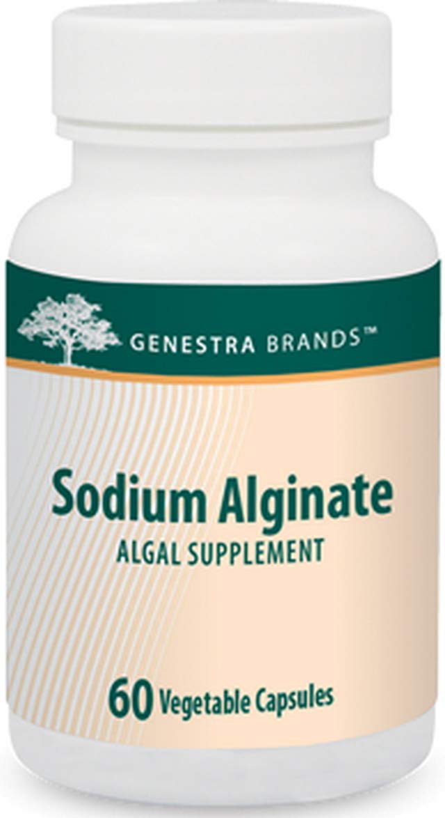 Genestra Brands Sodium Alginate bottle with 60 capsules offering antioxidant support.