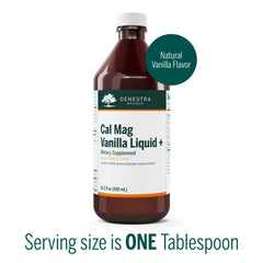 Genestra Cal Mag Vanilla Liquid measuring scoop supports accurate daily servings.