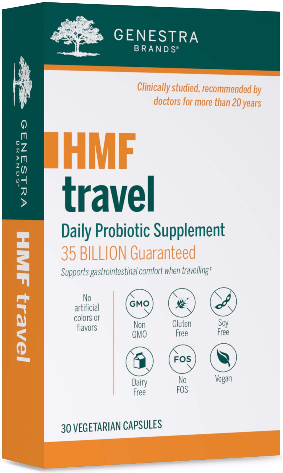 Genestra HMF Travel bottle front showing shelf-stable probiotics for travel GI support.