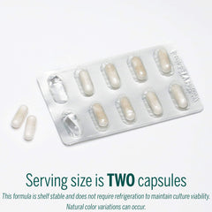 Genestra HMF Travel packaging and label indicating shelf-stable probiotic formula.