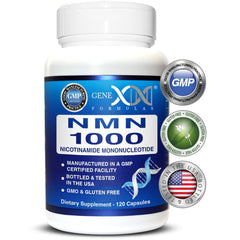 Genex Formulas NMN 1000mg bottle front emphasizes shelf-stable packaging for potency.