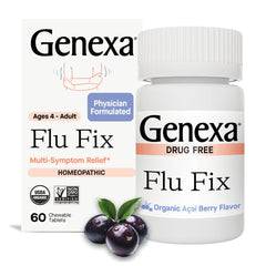 Genexa Flu Fix acai berry tablets, vibrant flavor with multi-symptom support.