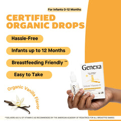 Genexa Infants Vitamin D Drops organic and non-GMO ingredients on the label
