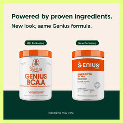 The Genius Brand Genius BCAA Powder label closeup highlights caffeinated pre-workout support