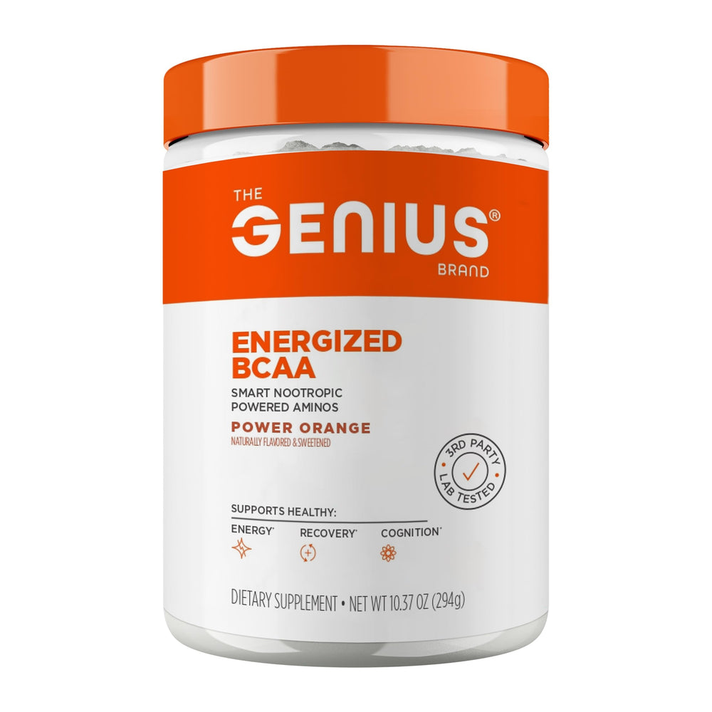 The Genius Brand Genius BCAA Powder orange bottle pour boosts recovery during workouts