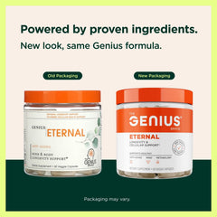 Genius Eternal bottle label closeup highlights SerinAid and ingredients for cognitive focus
