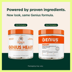 Genius Heart pills inside packaging highlight gluten-free, non-GMO composition for everyday use.
