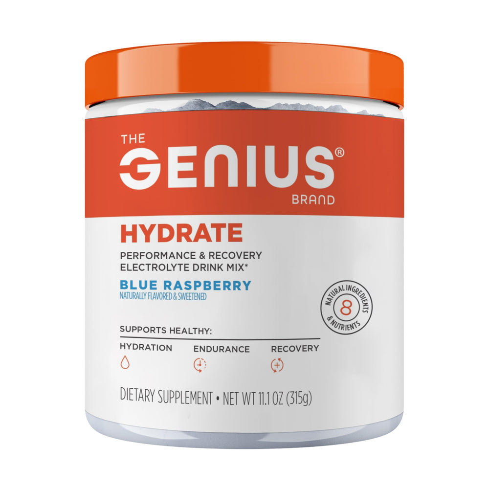The Genius Brand Genius Hydrate blue raspberry bottle for sugar-free hydration on the go.