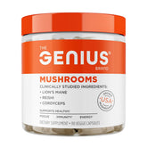 The Genius Brand Genius Mushrooms bottle with Lion's Mane for clear focus.