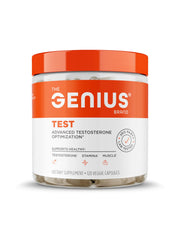 The Genius Brand Genius Test bottle front view highlights daily vitality support potential.