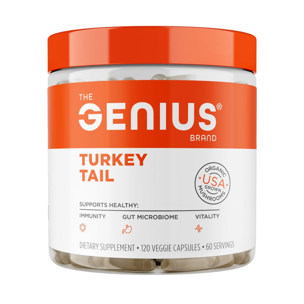 The Genius Brand Genius Turkey Tail bottle supports immune and gut health.