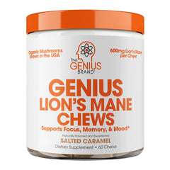 The Genius Brand Lion's Mane Soft Chews bottle aids focused work and steady energy.