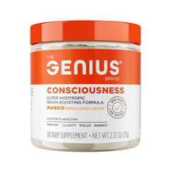 The Genius Brand Genius Consciousness mango powder tub for daily focus and clarity.