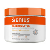 The Genius Brand Electrolytes Orange Fizz tub closeup showing mineral hydration for active days.