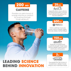 Genius Energized pre-workout label close-up highlighting caffeine, AlphaSize, and L-Theanine.