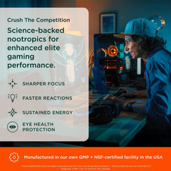 Genius Gamer blue-light protection highlights Lutemax shielding eyes during long sessions