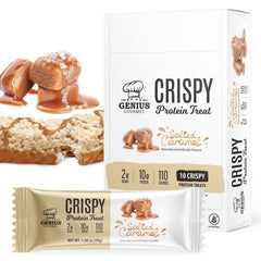 Genius Gourmet Crispy Protein Treat Salted Caramel bar pack, a keto-friendly snack with 10g protein.