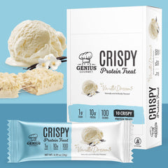Closeup of Genius Gourmet Crispy Protein Treat Vanilla Dream bar showing crispy texture.