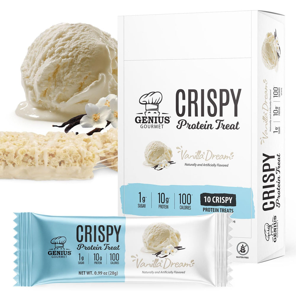 Genius Gourmet Crispy Protein Treat Vanilla Dream bar on display, high-protein snack for on-the-go.