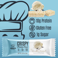 Box and packaging of Genius Gourmet Crispy Protein Treat Vanilla Dream in store.