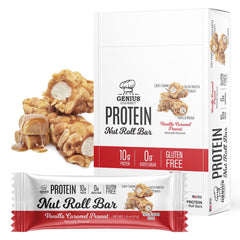 Genius Gourmet Nut Roll Bars pack showing vanilla caramel peanut flavor, a protein-rich gluten-free snack.