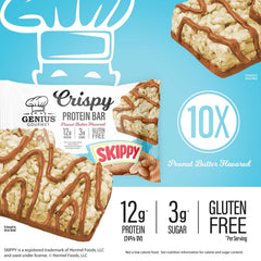 Genius Gourmet SKIPPY 3g sugar visual signals a lower-sugar snacking choice.