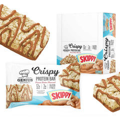 Genius Gourmet SKIPPY crispy bar unwrapped, ready for a quick, protein-packed snack.