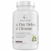GENIUS HERBALS 15 Day Detox bottle showing gentle cleanse for digestive wellness