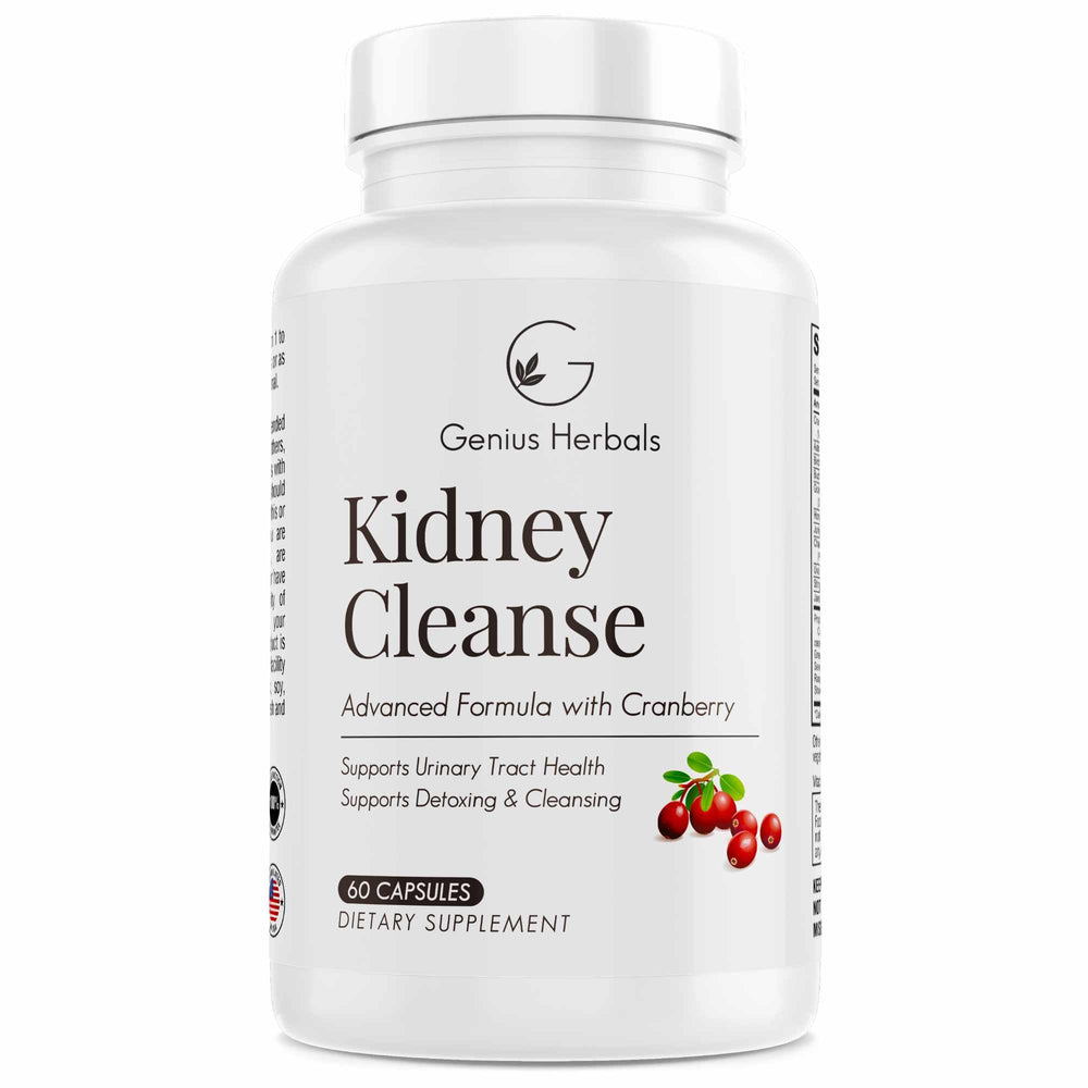 GENIUS HERBALS Kidney Cleanse bottle display for easy daily detox.