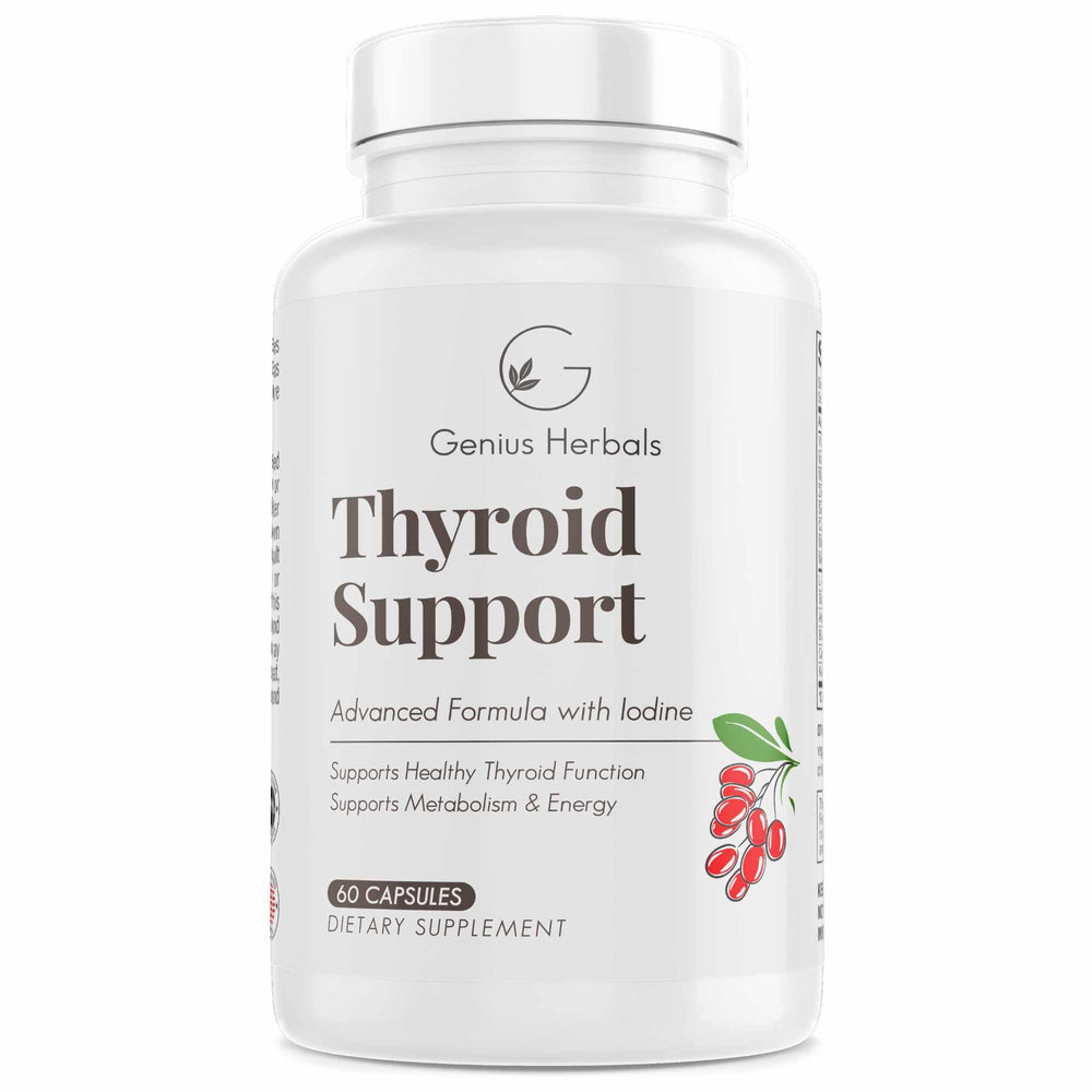 GENIUS HERBALS Thyroid Support bottle front view for daily energy and metabolism support.