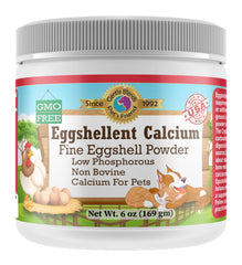 Gentle Blends Pet's Friend Eggshellent Calcium bottle ready for daily supplementation.