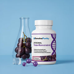 GenuinePurity Liposomal Trans Resveratrol label shows vegan, non-GMO formula.
