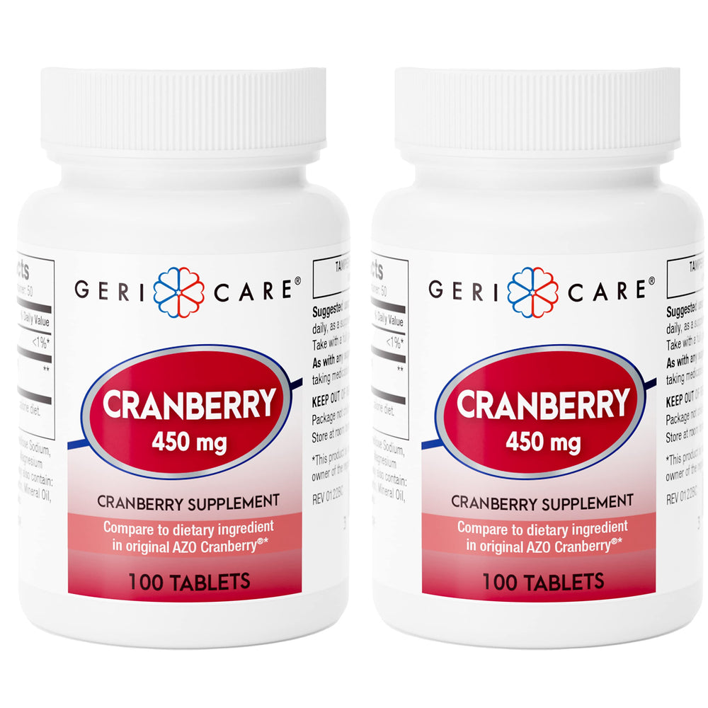 GeriCare cranberry tablets front view for daily urinary support.