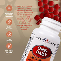 GeriCare One-Daily tablets closeup, smooth coating designed for easy swallowing.