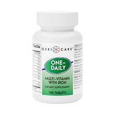 GeriCare One-Daily multivitamin with iron bottle on table supports daily vitality.