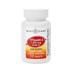 GeriCare Vitamin D weekly dose bottle highlighting high potency bone support