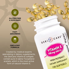 GeriCare Vitamin E label packaging emphasizes gluten-free and dairy-free features