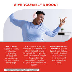 Geritol high-potency B vitamins and iron support metabolism and oxygen transport.